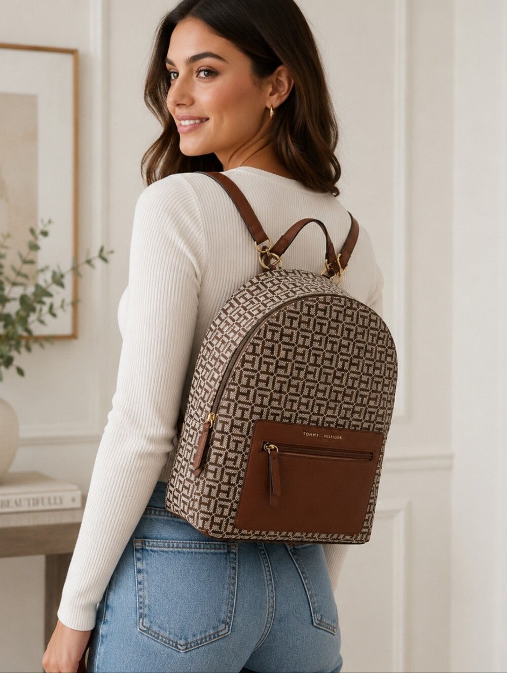 Tommy Hilfiger Brown Logo-Print Backpack with Leather Trim